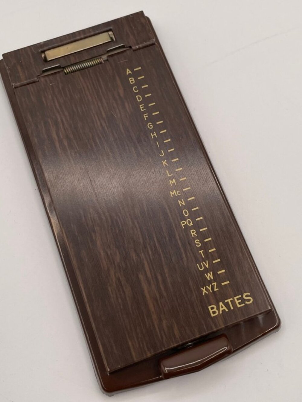 VINTAGE Bates Model "A" List Finder Flip Up Address Phone Book Metal Wood Grain